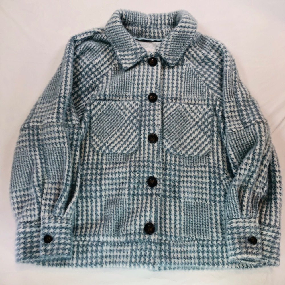Greylin Anthropology Blue White Houndstooth Plaid Fuzzy Knit Jacket Medium